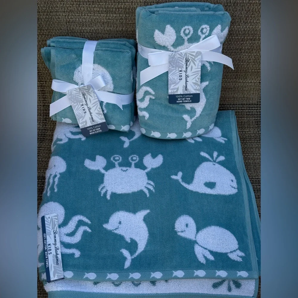 Tommy Bahama Kids Teal Whales Cotton Velour Bath Hand Washcloth Towel Set 7pc
